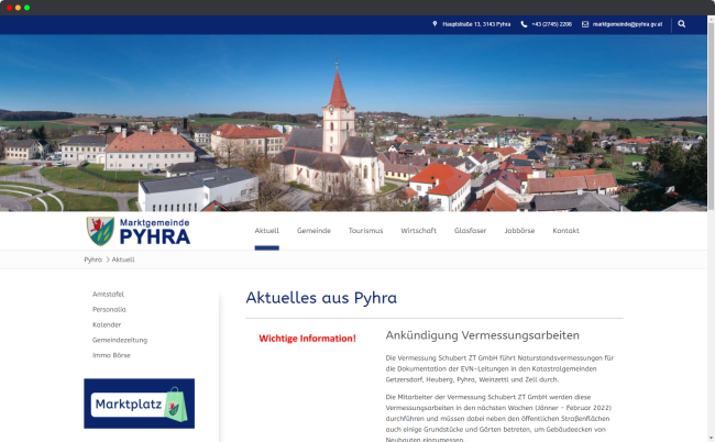 Bildschirmfoto der Gemeinde - Webseite von Pyhra