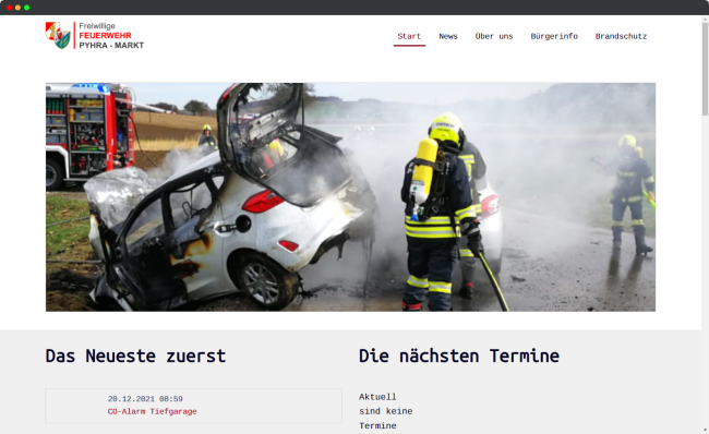 Bildschirmfoto der Webseite der Freiwilligen Feuerwehr Pyhra-Markt